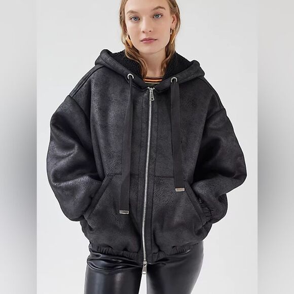 Urban Outfitters Casey Faux Suede Black Zip Up Hoodie Bomber Jacket M - Picture 1 of 10
